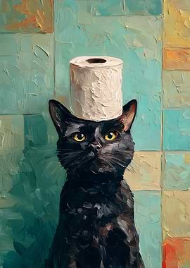 Black Cat with Toilet Paper Hat