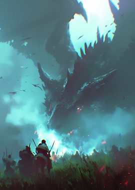 Dragon and Knights Fantasy Battle Scene