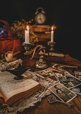 Vintage Still Life with Book and Photos