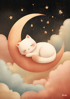 Sleeping Cat on the Moon – Dreamy Pastel Kawaii Illustration