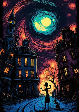 Whimsical Nightscape with Figures and Buildings