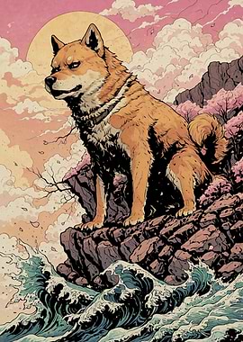 Shiba Inu Dog on Traditional Japanese Art