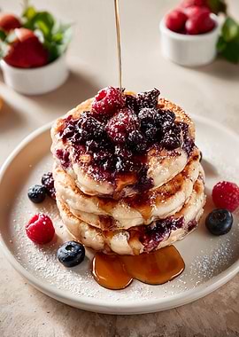 Pancakes with Berries and Maple Syrup