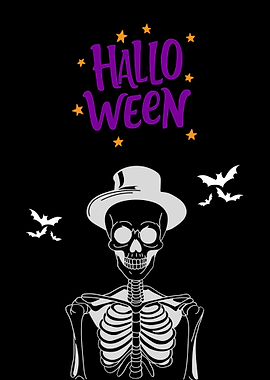Halloween Skeleton with Hat and Bats