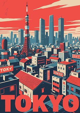 Tokyo Cityscape Illustration with Tokyo Tower
