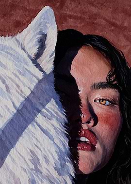Woman and White Wolf Watercolor Painting