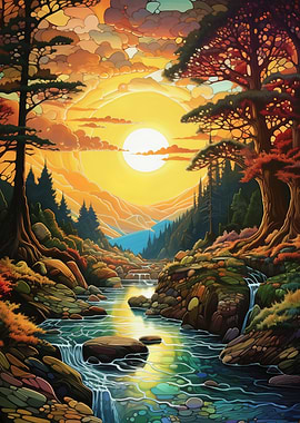 Pixelated Sunset River Landscape