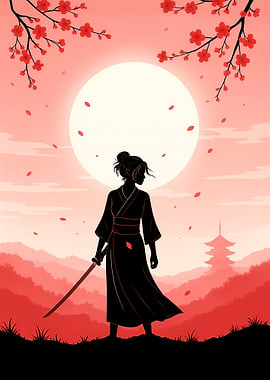 Samurai Silhouette with Cherry Blossoms