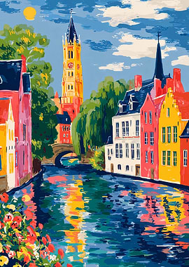 Colorful Canal Cityscape Painting
