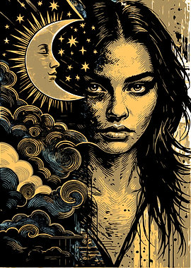 Woman, Moon, and Stars Illustration