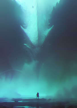 Warrior facing colossal dragon in mist