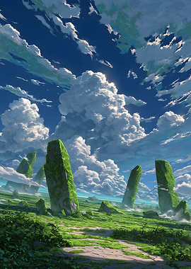Anime Green Standing Stones Under Cloudy Sky