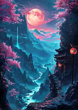 Mystical Asian Landscape with Cherry Blossoms