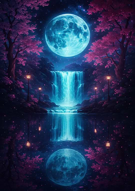 Mystical Moonlit Waterfall Landscape