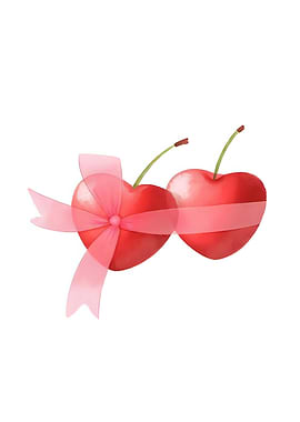 Two Heart-Shaped Cherries with Pink Ribbon