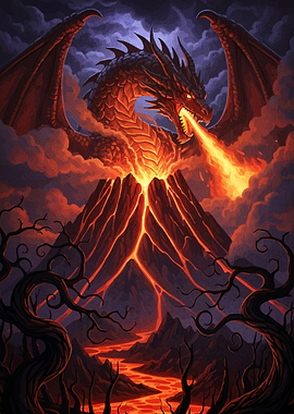 Dragon a volcano spewing fire