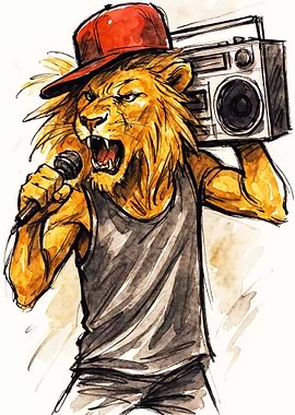 Lion Rapper with Boombox and Microphone