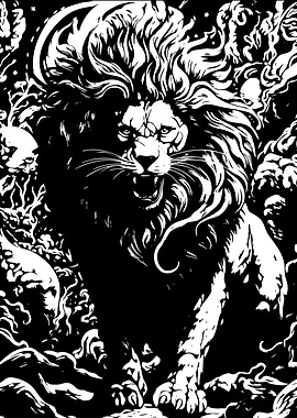 Roaring Lion Black and White Illustration