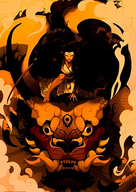 Warrior atop mythical beast illustration