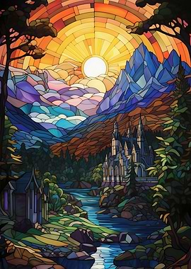 Stained Glass Fantasy Landscape with Castle