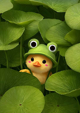 Cute Chick with Frog Hat in Lilypads