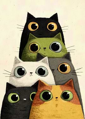 Stack of Cartoon Cats with Big Eyes