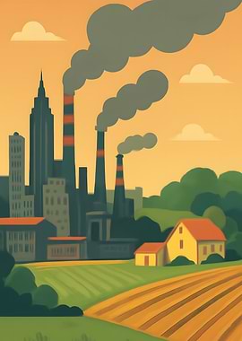 Industrial Landscape with City and Farm