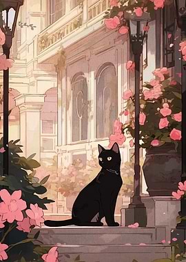 Black Cat in a Floral Cityscape