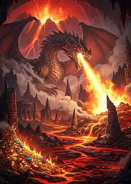 Dragon fiery breath over lava landscape