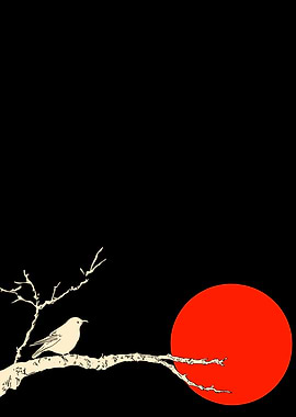 Bird on Branch with Red Sun