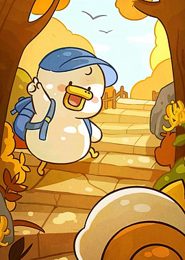 Cartoon Duck Hiking in Autumn Landscape