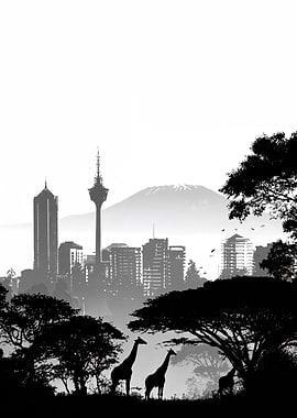 Cityscape with Giraffes Silhouette