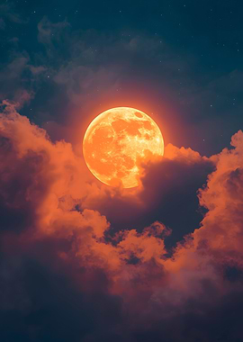 Orange Moon with Clouds at Night