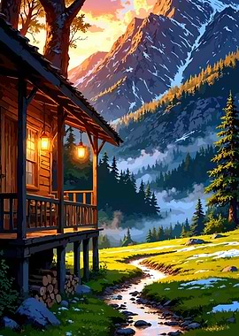 Cabin in the Mountains Landscape