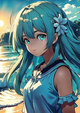 Anime Girl on Beach at Sunset