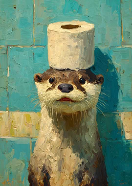 Otter with Toilet Paper Hat Painting