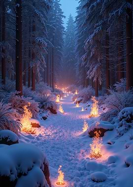 Winter Forest Path with Flames