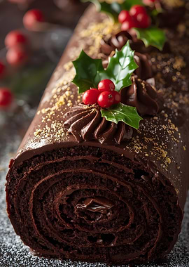 Chocolate Yule Log Cake with Holly