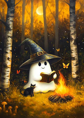 Ghost reading by campfire with cat
