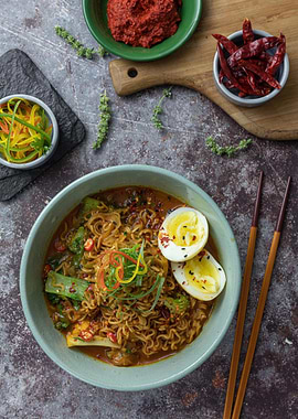 Delicious Ramen Bowl with Egg and Vegetables