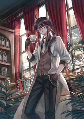 Anime Scientist with Tea in Laboratory