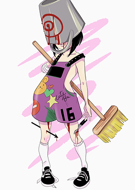 Creepy Girl with Bucket and Broom