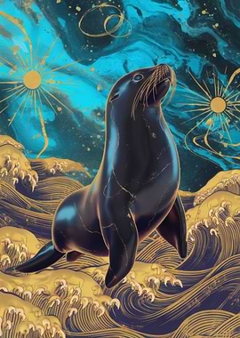 Elegant Sea Lion with Golden Waves