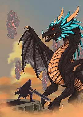 Dragon and swordsman Fantasy Scene