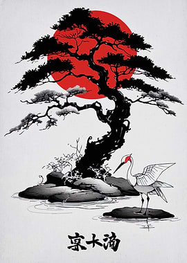 Japanese Crane and Bonsai Tree Art