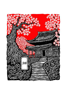 Japanese Temple with Cherry Blossoms Art