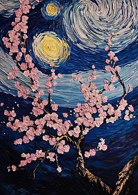 Cherry Blossoms Under Starry Night Painting