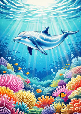 Dolphin Coral Reef Watercolor