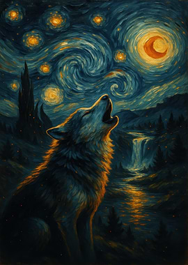 Wolf Howling at Starry Night