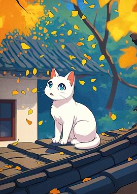 White cat on roof with falling leaves
